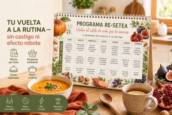 Programa RE-SETEA: calendario de menús saludables de otoño sobre una mesa de cocina