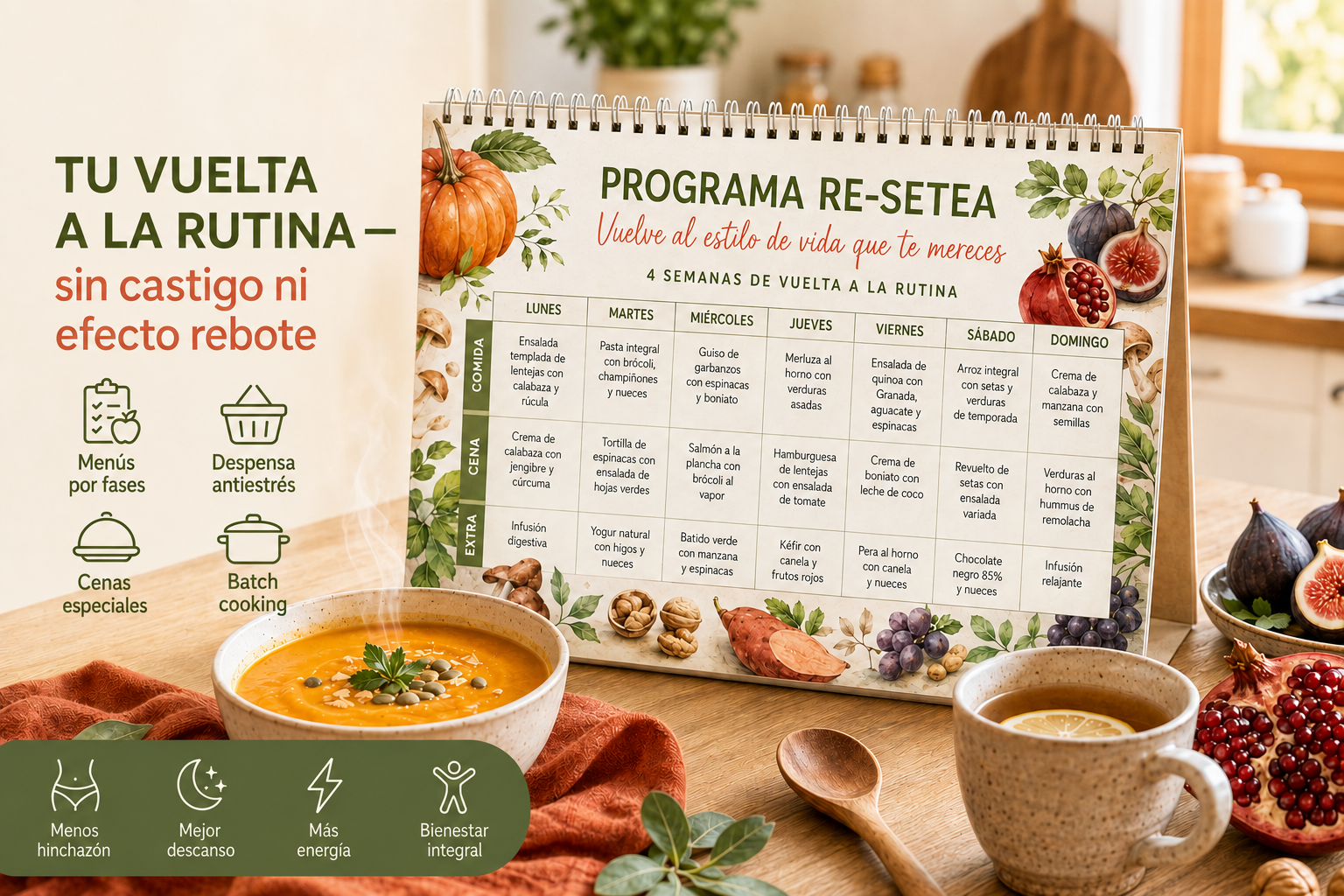 Programa RE-SETEA: calendario de menús saludables de otoño sobre una mesa de cocina